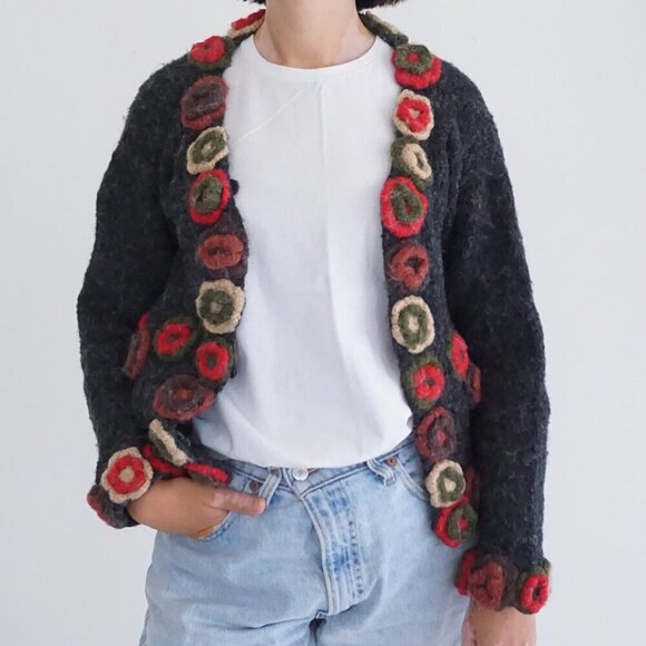 Sweaters - Vintage Afrika Charcoal Wool Crochet Floral Appliqué Cardigan Boho Grandmacore S